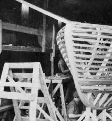 The Thunderbird's hull framing at Huskins Boat Works