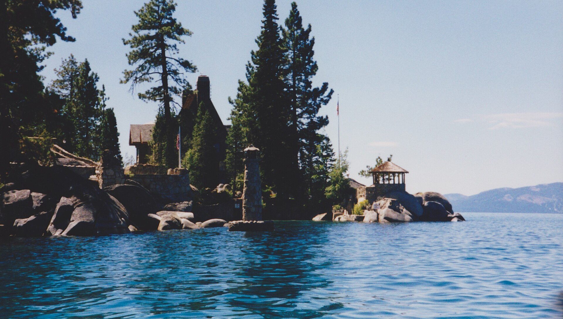 Thunderbird Lodge seen across the water on Lake Tahoe's east shore